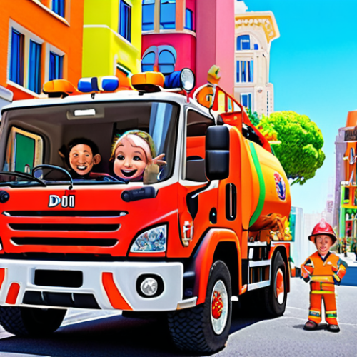 Home 30 **Prompt:** TitiPó and friends (Fifi the fire truck, Ricky the recycling truck, Didi the excavator) smiling and working together in a vibrant, colorful city. Educational, happy, teamwork.