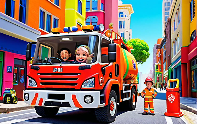**Prompt:** TitiPó and friends (Fifi the fire truck, Ricky the recycling truck, Didi the excavator) smiling and working together in a vibrant, colorful city. Educational, happy, teamwork.