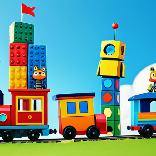 Home 28 A diverse group of beloved children's animated characters, including a cheerful anthropomorphic train, a friendly robot, and a playful animal character, joyfully collaborating on building a tall, colorful tower of blocks. They are situated in a whimsical, fantastical landscape that seamlessly blends elements from their individual fictional worlds, under a bright, clear sky. The scene radiates happiness and creative synergy. Fully clothed, modest clothing, appropriate attire, professional dress, safe for work, appropriate content, family-friendly, perfect anatomy, correct proportions, natural pose, well-formed hands, proper finger count, natural body proportions, professional animation still, high quality, vibrant colors.
