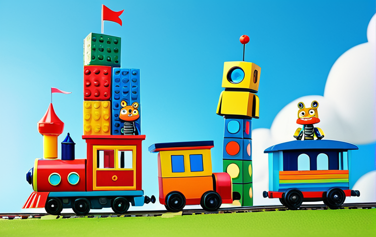 A diverse group of beloved children's animated characters, including a cheerful anthropomorphic train, a friendly robot, and a playful animal character, joyfully collaborating on building a tall, colorful tower of blocks. They are situated in a whimsical, fantastical landscape that seamlessly blends elements from their individual fictional worlds, under a bright, clear sky. The scene radiates happiness and creative synergy. Fully clothed, modest clothing, appropriate attire, professional dress, safe for work, appropriate content, family-friendly, perfect anatomy, correct proportions, natural pose, well-formed hands, proper finger count, natural body proportions, professional animation still, high quality, vibrant colors.