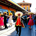 "Ricardo" - The Latin Train**

`A vibrant, colorful train named Ricardo dancing at a lively train station fiesta in Spain. Ricardo has maracas and a sombrero. Other trains and people are dancing around him.  Bright sunlight, festive decorations, Spanish architecture in the background.  "fiesta", "baile", "España", "tren". High quality, detailed, joyful scene.`

**