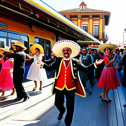 Home 27 "Ricardo" - The Latin Train**
`A vibrant, colorful train named Ricardo dancing at a lively train station fiesta in Spain. Ricardo has maracas and a sombrero. Other trains and people are dancing around him. Bright sunlight, festive decorations, Spanish architecture in the background. "fiesta", "baile", "España", "tren". High quality, detailed, joyful scene.`
**