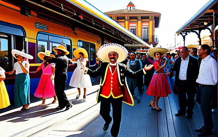"Ricardo" - The Latin Train**

`A vibrant, colorful train named Ricardo dancing at a lively train station fiesta in Spain. Ricardo has maracas and a sombrero. Other trains and people are dancing around him.  Bright sunlight, festive decorations, Spanish architecture in the background.  "fiesta", "baile", "España", "tren". High quality, detailed, joyful scene.`

**