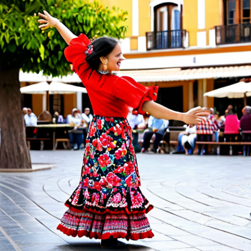 Home 14 **
A young girl with dark hair, wearing a colorful, traditional flamenco dress with ruffles, dancing with joy in a sunny plaza in Seville, Spain. The plaza is decorated with flowers and colorful tiles. Perfect anatomy, well-formed hands, natural pose, fully clothed, appropriate attire, safe for work, family-friendly, professional photography, high quality.
**