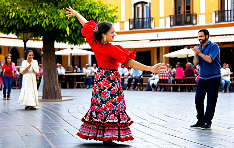 **

A young girl with dark hair, wearing a colorful, traditional flamenco dress with ruffles, dancing with joy in a sunny plaza in Seville, Spain.  The plaza is decorated with flowers and colorful tiles.  Perfect anatomy, well-formed hands, natural pose, fully clothed, appropriate attire, safe for work, family-friendly, professional photography, high quality.

**