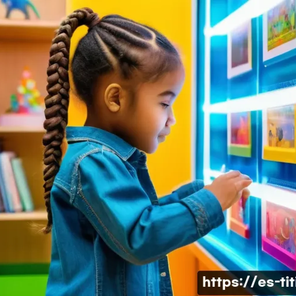 띠띠뽀와 어린이 콘텐츠의 기술적 발전 - **Prompt:** A vibrant, futuristic children's learning space. A curious 7-year-old girl, with braided...