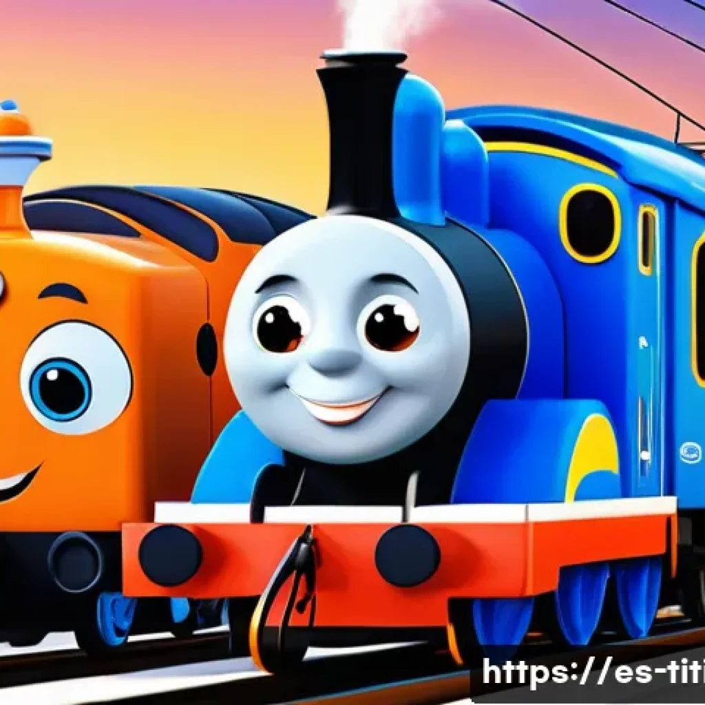 띠띠뽀 콘텐츠의 글로벌 매력 요소 - A vibrant, cheerful animated scene depicting Titipo, the friendly blue train, surrounded by his best...