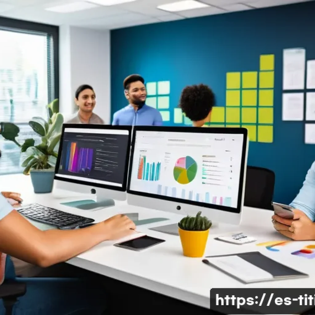 띠띠뽀 관련 마케팅 캠페인 성공 사례 - A vibrant digital marketing workspace scene showing a diverse team of young Hispanic professionals a...