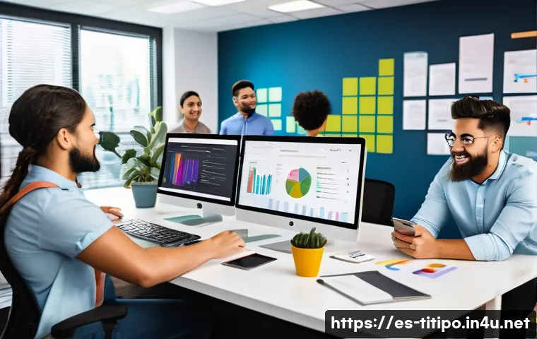 띠띠뽀 관련 마케팅 캠페인 성공 사례 - A vibrant digital marketing workspace scene showing a diverse team of young Hispanic professionals a...