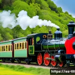 띠띠뽀와 관련된 철도 테마파크 - A nostalgic steam locomotive ride through a lush Spanish countryside park, with a vintage black and ...