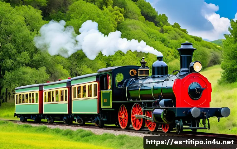 띠띠뽀와 관련된 철도 테마파크 - A nostalgic steam locomotive ride through a lush Spanish countryside park, with a vintage black and ...