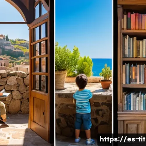 띠띠뽀와 함께하는 특별한 여행 - A charming small coastal village in Spain during a sunny day, featuring a hidden ancient library wit...