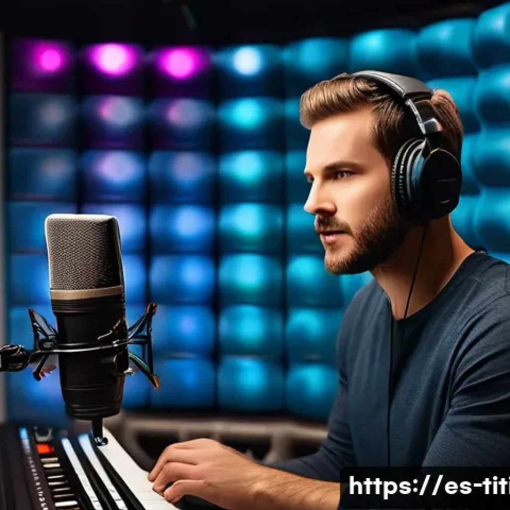 띠띠뽀 목소리 녹음 과정 - A professional voice actor in a modern soundproof recording studio, surrounded by high-quality conde...