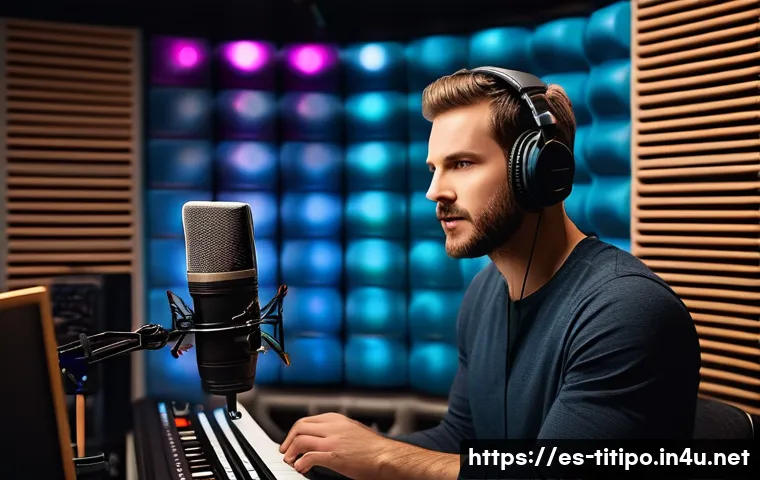 띠띠뽀 목소리 녹음 과정 - A professional voice actor in a modern soundproof recording studio, surrounded by high-quality conde...