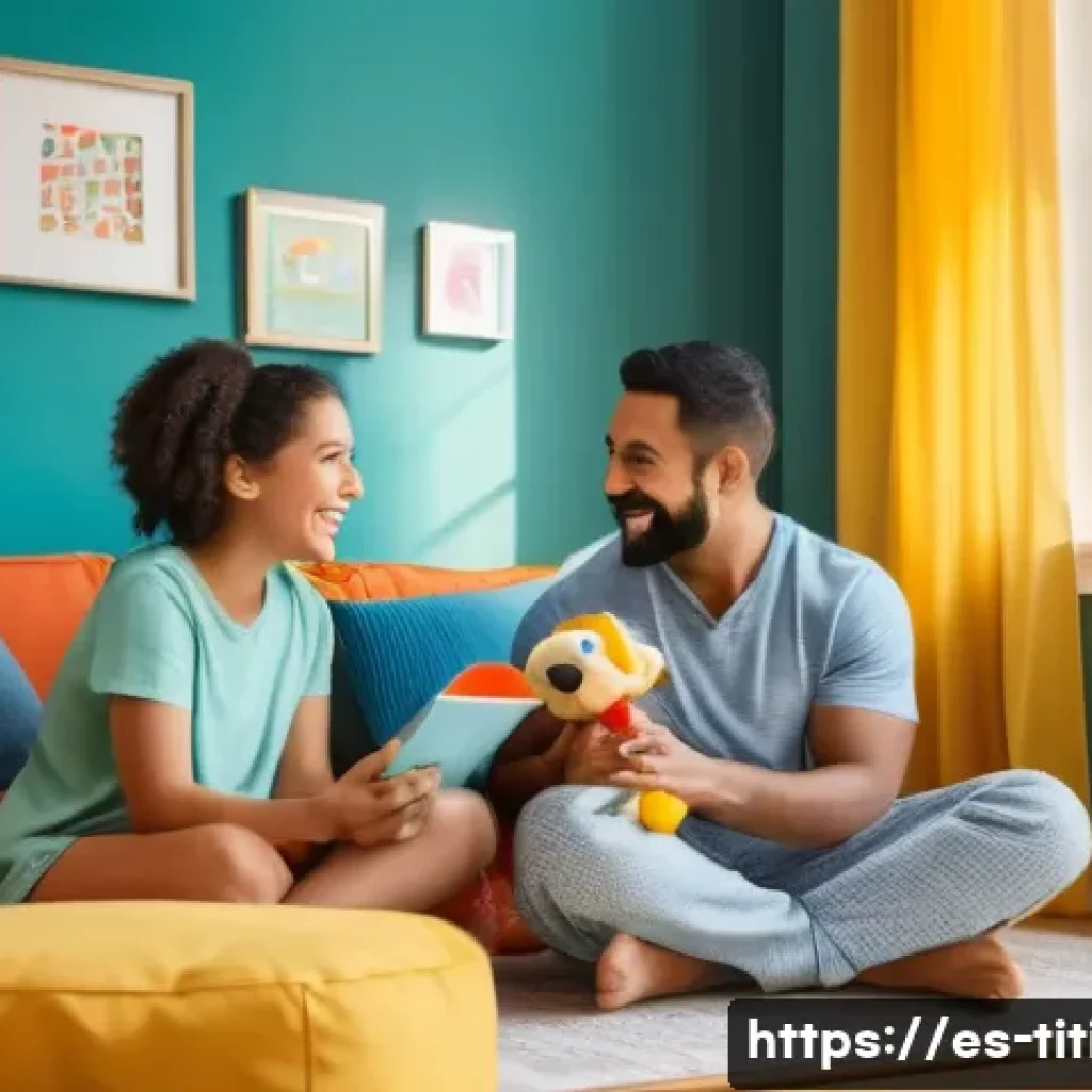 띠띠뽀 방영 채널 - A cozy family living room scene featuring a Hispanic mother and father watching a colorful children’...