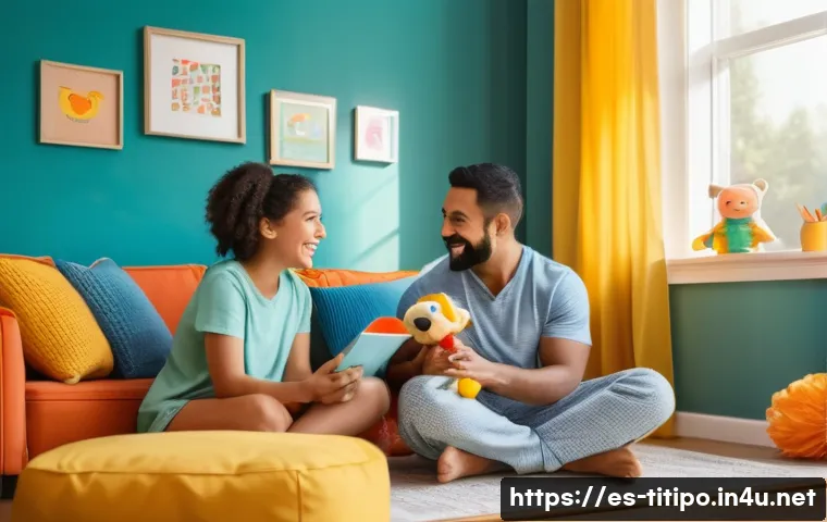 띠띠뽀 방영 채널 - A cozy family living room scene featuring a Hispanic mother and father watching a colorful children’...