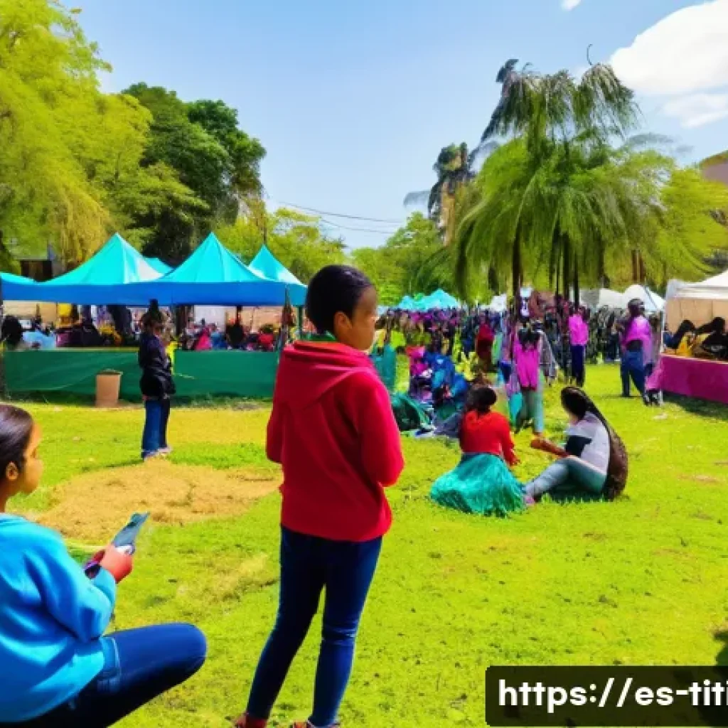 띠띠뽀와 지역 사회 연계 프로그램 - A vibrant community park scene in a Latin American neighborhood during a sunny afternoon, diverse gr...