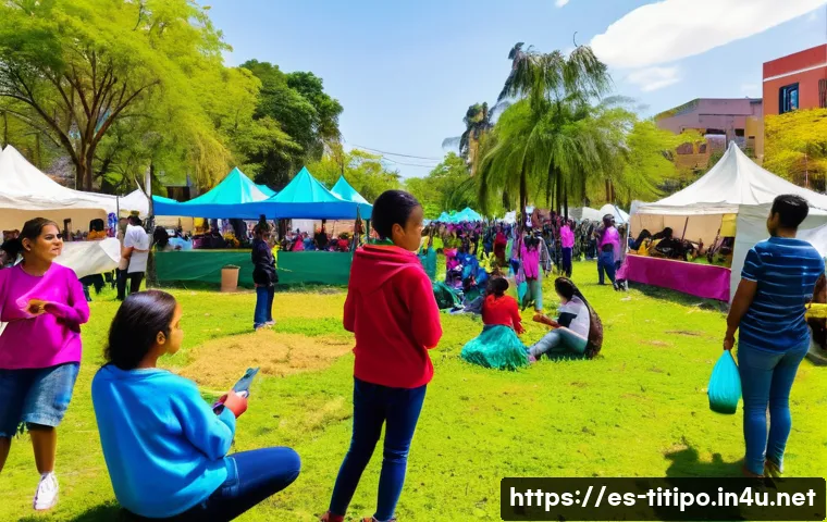 띠띠뽀와 지역 사회 연계 프로그램 - A vibrant community park scene in a Latin American neighborhood during a sunny afternoon, diverse gr...