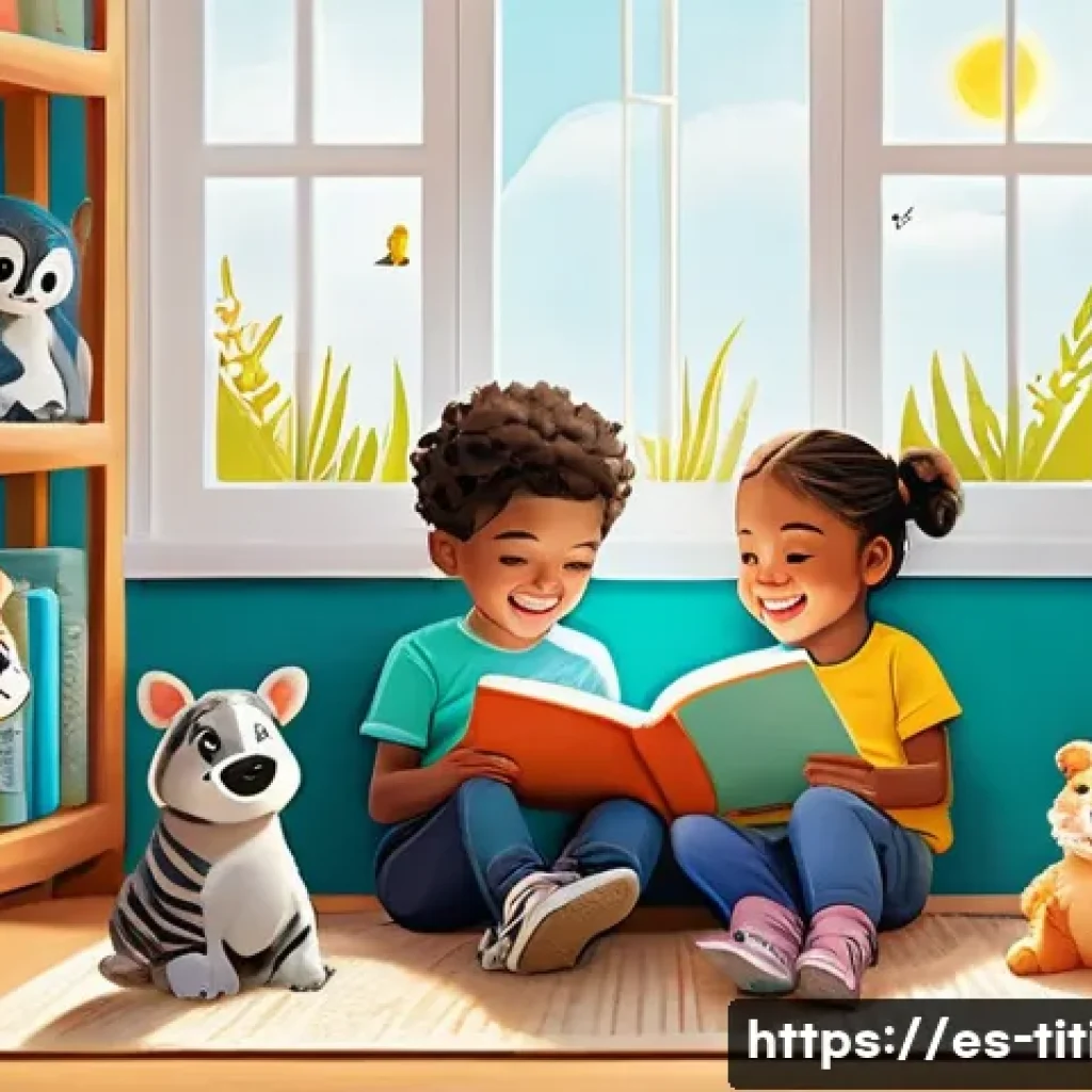 띠띠뽀 그림책 시리즈 - A vibrant and colorful children's storybook illustration scene featuring diverse young children sitt...