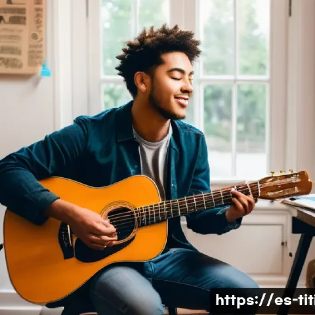 띠띠뽀 OST 커버송 - A warm and inviting home music studio scene featuring an amateur musician in casual clothing playing...