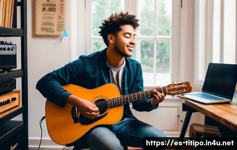 띠띠뽀 OST 커버송 - A warm and inviting home music studio scene featuring an amateur musician in casual clothing playing...