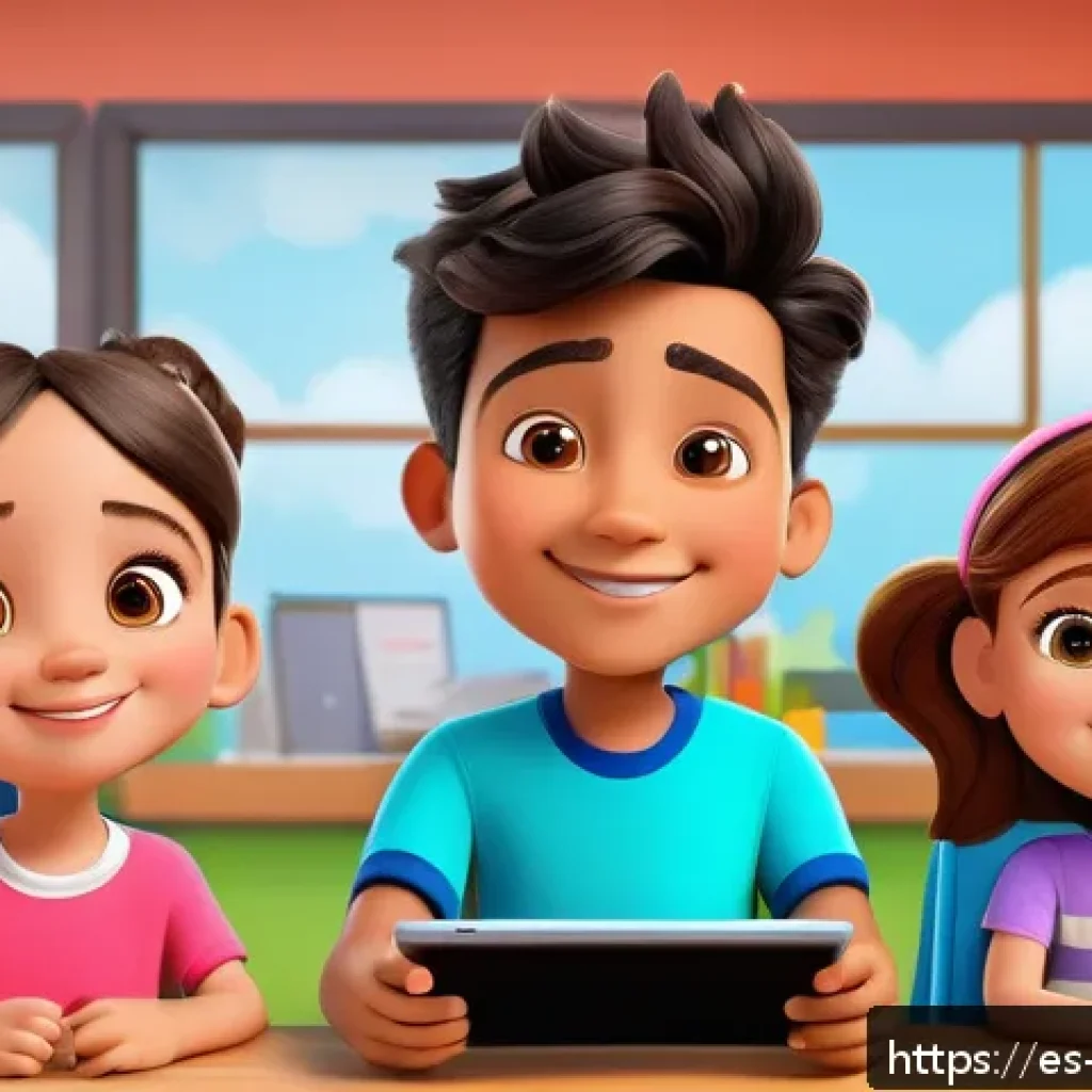 띠띠뽀 콘텐츠의 새로운 트렌드 - A vibrant and colorful digital classroom scene featuring young Hispanic children aged 3 to 5 playing...