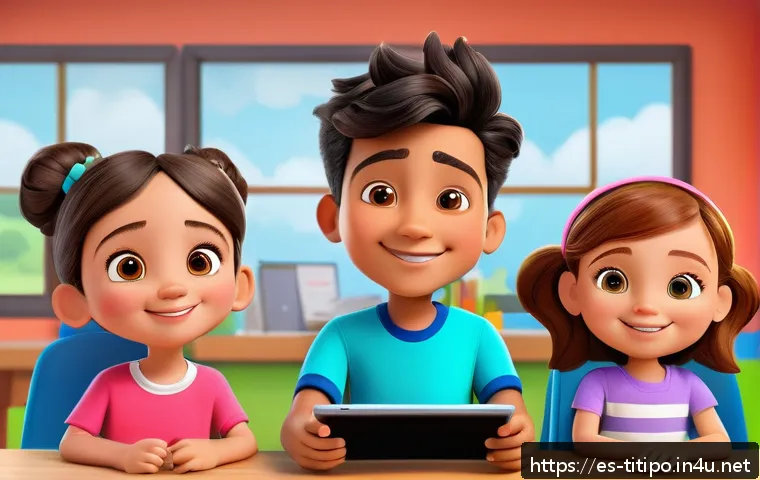 띠띠뽀 콘텐츠의 새로운 트렌드 - A vibrant and colorful digital classroom scene featuring young Hispanic children aged 3 to 5 playing...