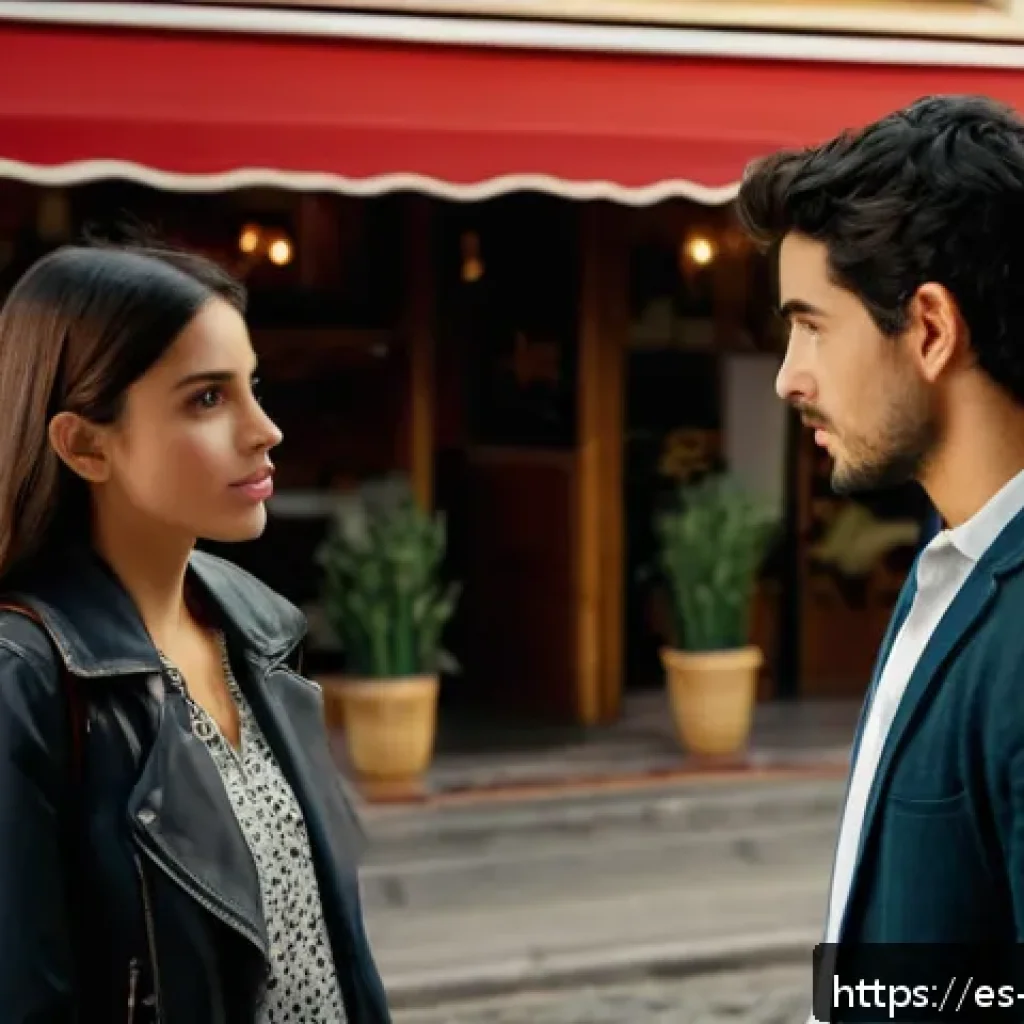 띠띠뽀 인물관계도 - A detailed scene portraying the complex romantic relationship between Ana and Luis in a modern Spani...