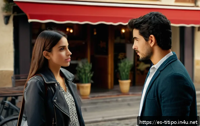 띠띠뽀 인물관계도 - A detailed scene portraying the complex romantic relationship between Ana and Luis in a modern Spani...