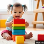 띠띠뽀와 어린이들의 놀이 혁신 - A joyful toddler wearing a colorful diaper, playing with large, eco-friendly wooden building blocks ...