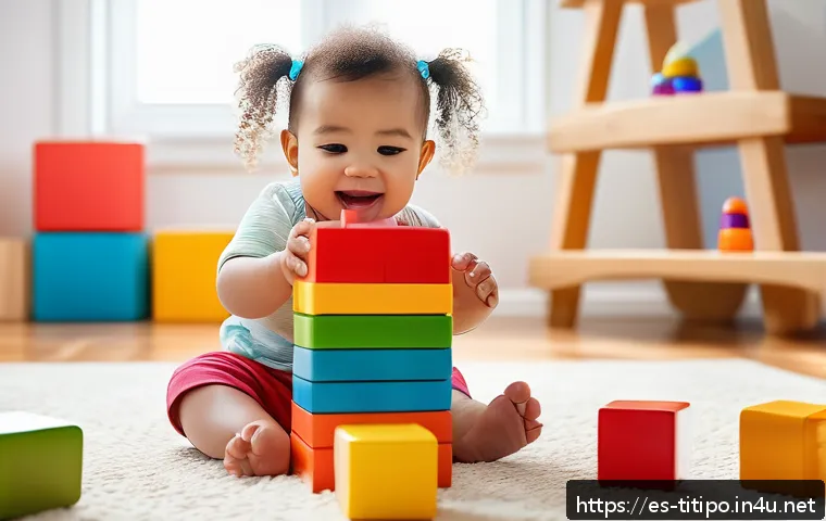띠띠뽀와 어린이들의 놀이 혁신 - A joyful toddler wearing a colorful diaper, playing with large, eco-friendly wooden building blocks ...