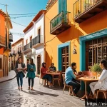 띠띠뽀 브랜드 캠페인 사례 - A vibrant street scene in a lively Spanish neighborhood, featuring diverse microinfluencers engaging...