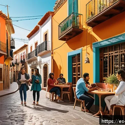 띠띠뽀 브랜드 캠페인 사례 - A vibrant street scene in a lively Spanish neighborhood, featuring diverse microinfluencers engaging...