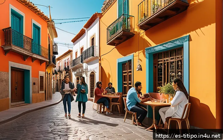 띠띠뽀 브랜드 캠페인 사례 - A vibrant street scene in a lively Spanish neighborhood, featuring diverse microinfluencers engaging...