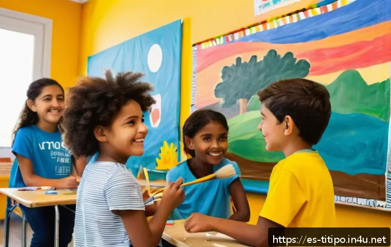 띠띠뽀와 교실에서의 활용 방법 - A vibrant classroom scene in a Spanish-speaking school with diverse children aged 7-9 actively parti...