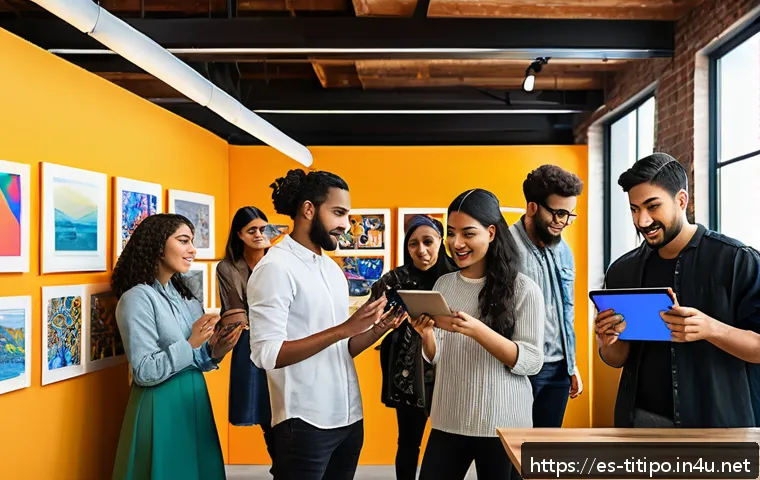 띠띠뽀 팬덤 활동 - A vibrant, multicultural creative workshop scene showcasing a diverse group of young adults collabor...