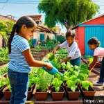 띠띠뽀의 지역 사회 기여 - A vibrant community urban garden scene in a Latin American neighborhood, featuring diverse adults an...