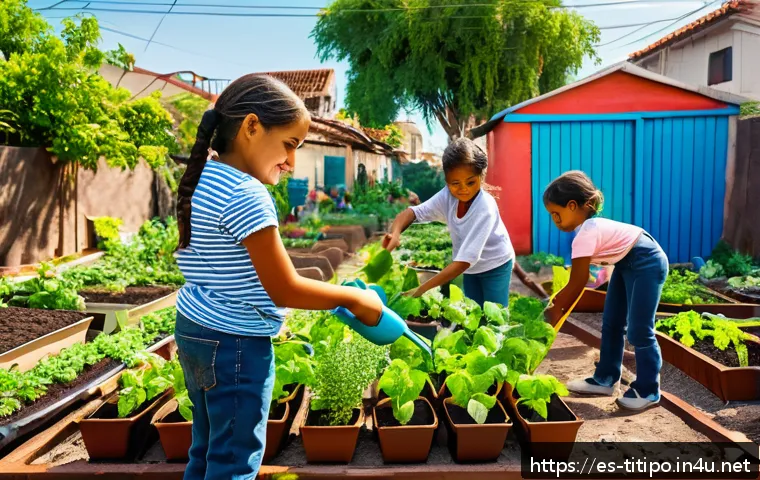 띠띠뽀의 지역 사회 기여 - A vibrant community urban garden scene in a Latin American neighborhood, featuring diverse adults an...