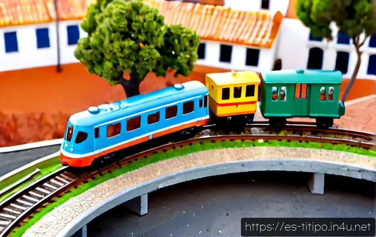 Home 17 띠띠뽀 캐릭터들의 철학 - Photorealistic miniature scene of three cheerful colorful toy commuter trains with expressive friend...
