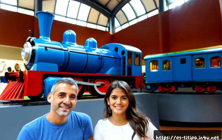 Home 13 띠띠뽀 전시회 리뷰 - Photorealistic Spanish family with two young children exploring a colorful indoor children’s train e...