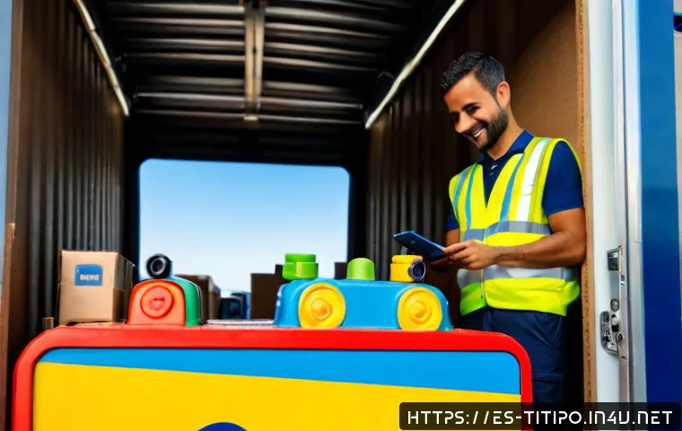 띠띠뽀 캐릭터 상품 수출 - Photorealistic export warehouse scene in a Spanish-speaking coastal market, colorful friendly toy tr...